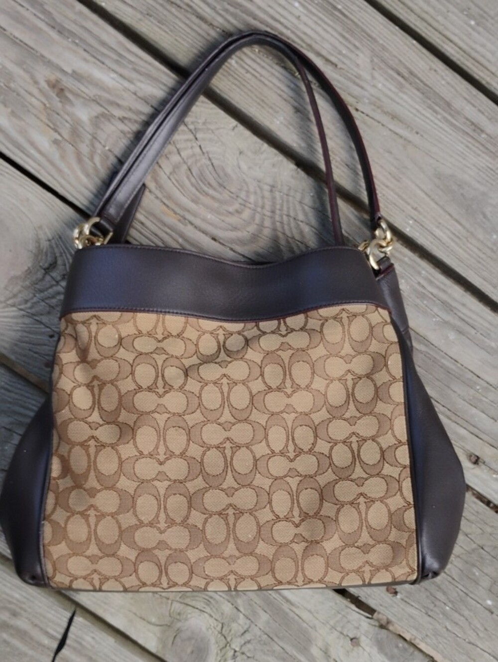 Coach Lexy Tan Signature Canvas Shoulder Bag with Dark Brown Trim. - Picture 4 of 15